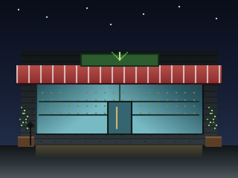 Pixel art of a lit cannabis storefront at night